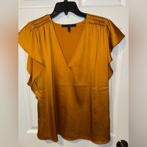 White House Black Market Golden Mustard V-Neck Flutter Sleeve Blouse